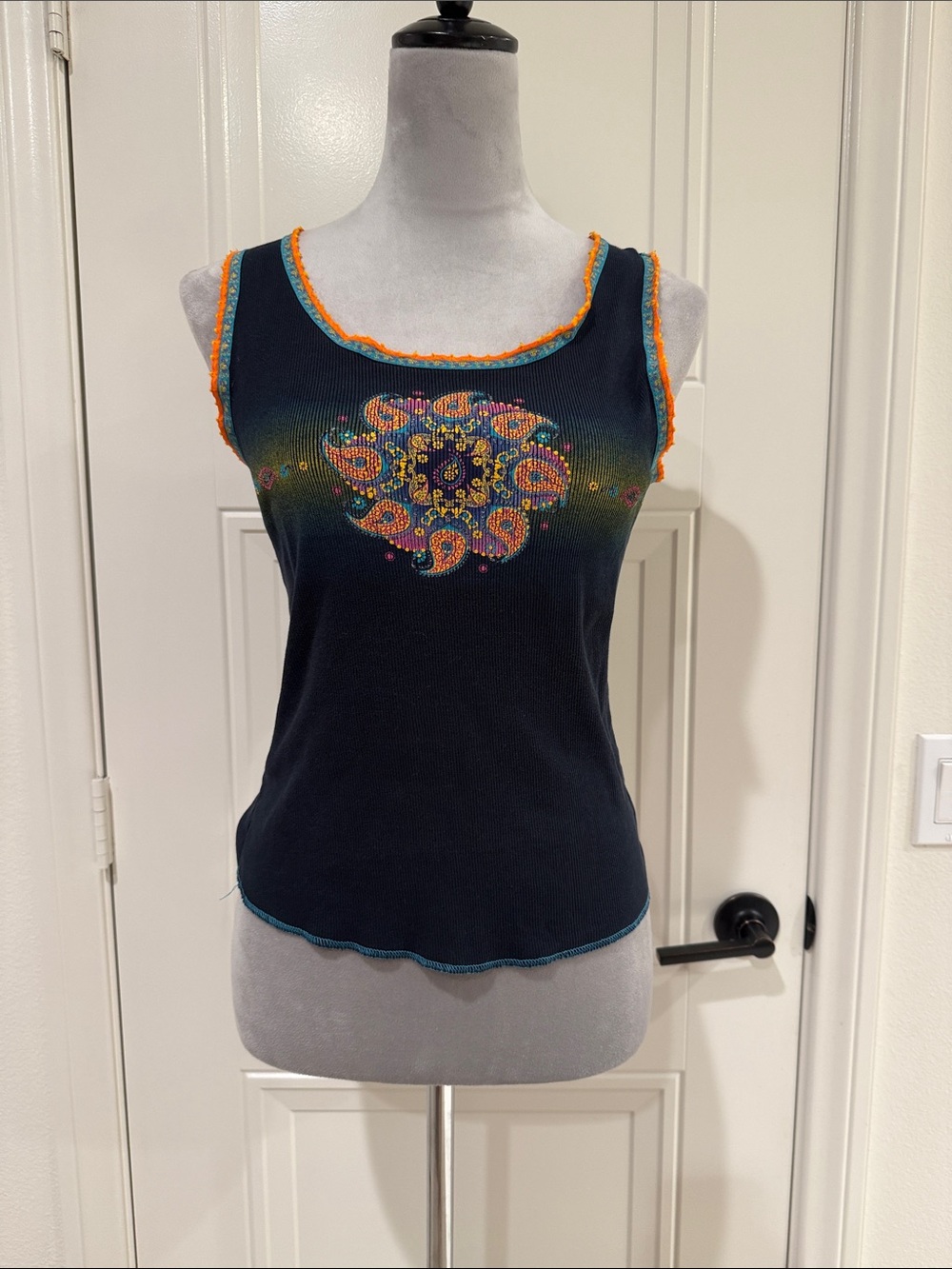 FANG Black Tank Top with Multicolor Paisley Embroidery and Orange Trim